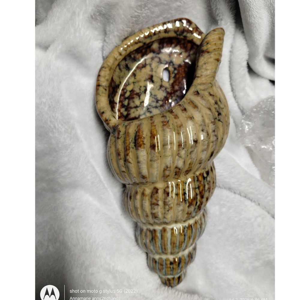 Vintage Ceramic Seashell Wall Pocket Planter Brown Drip Glaze Conch 2074 8.5in